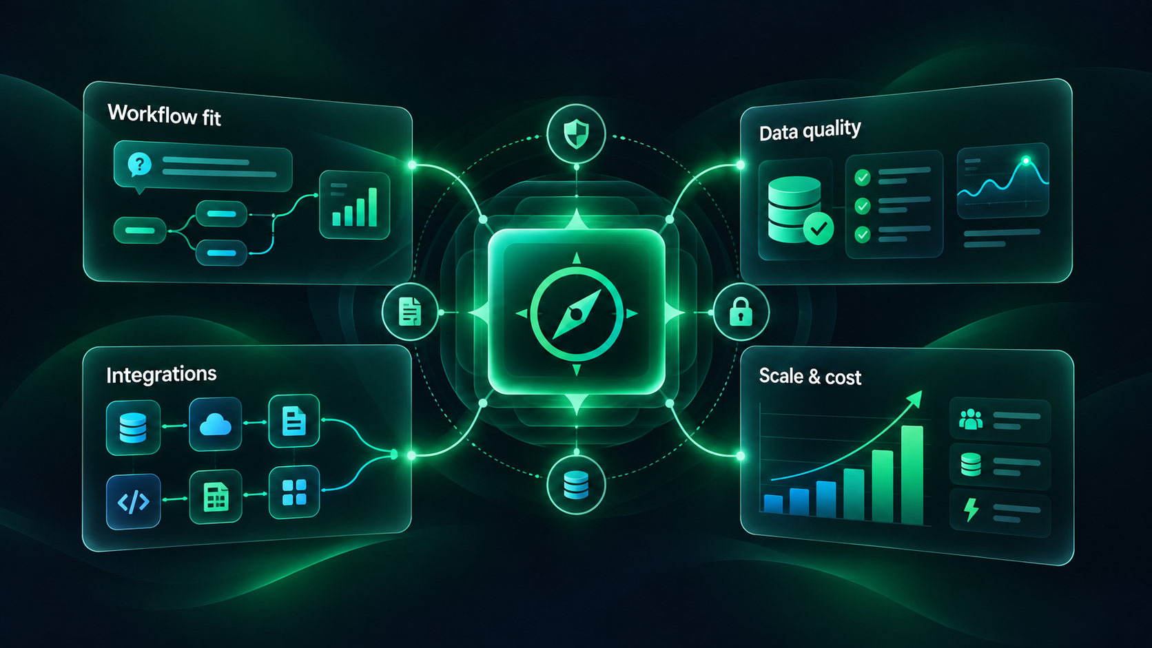 AI analytics software buying factors showing workflow fit, data quality, integrations, and pricing and scalability.