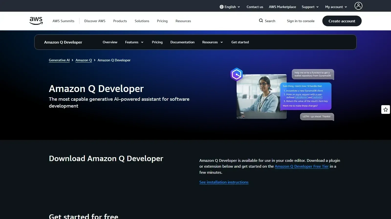 Amazon Q Developer homepage screenshot