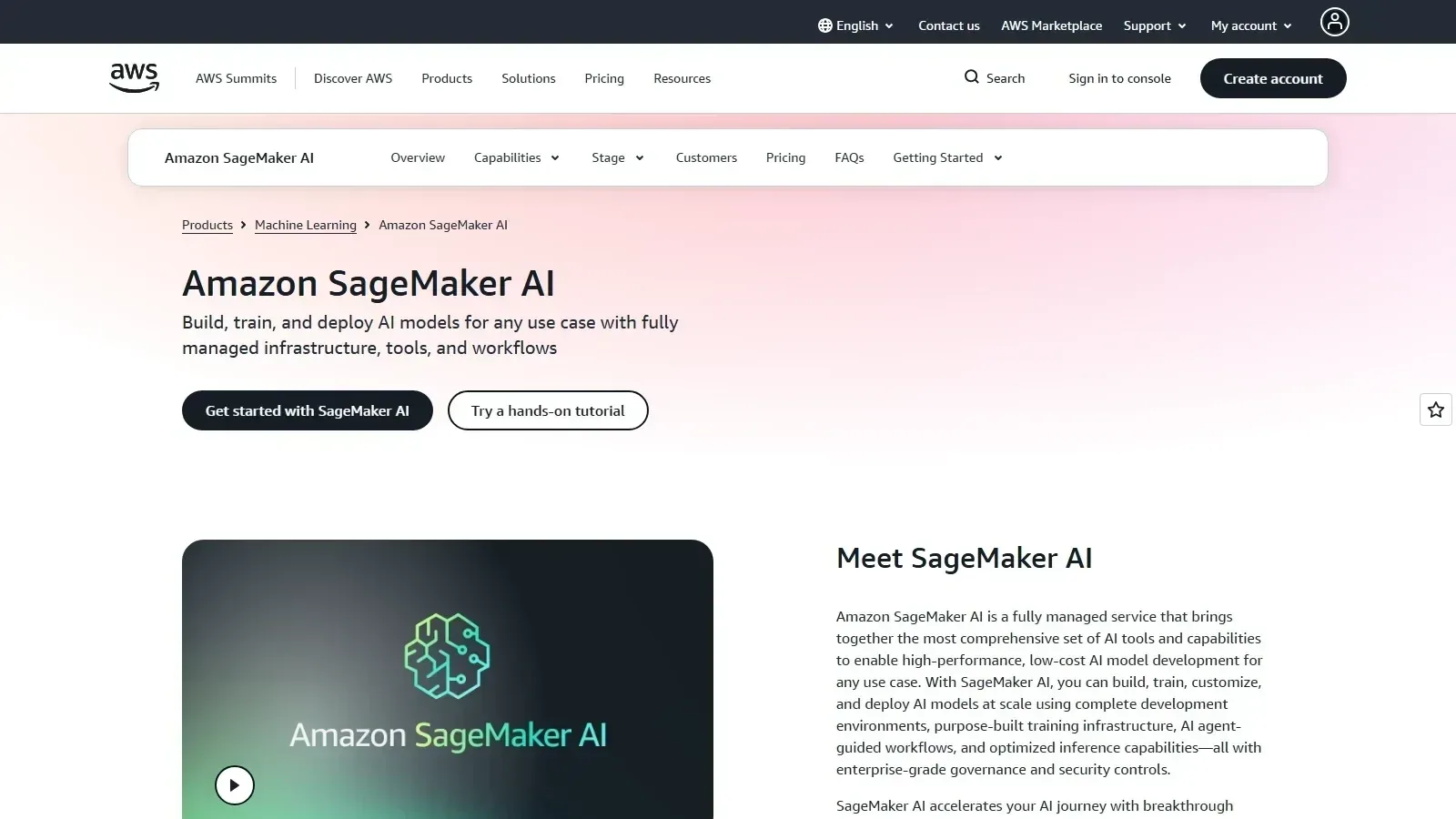 Amazon SageMaker homepage screenshot