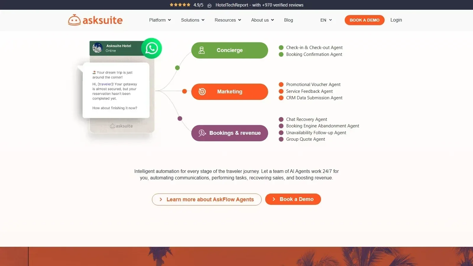 Asksuite AI Reservation Assistant homepage screenshot