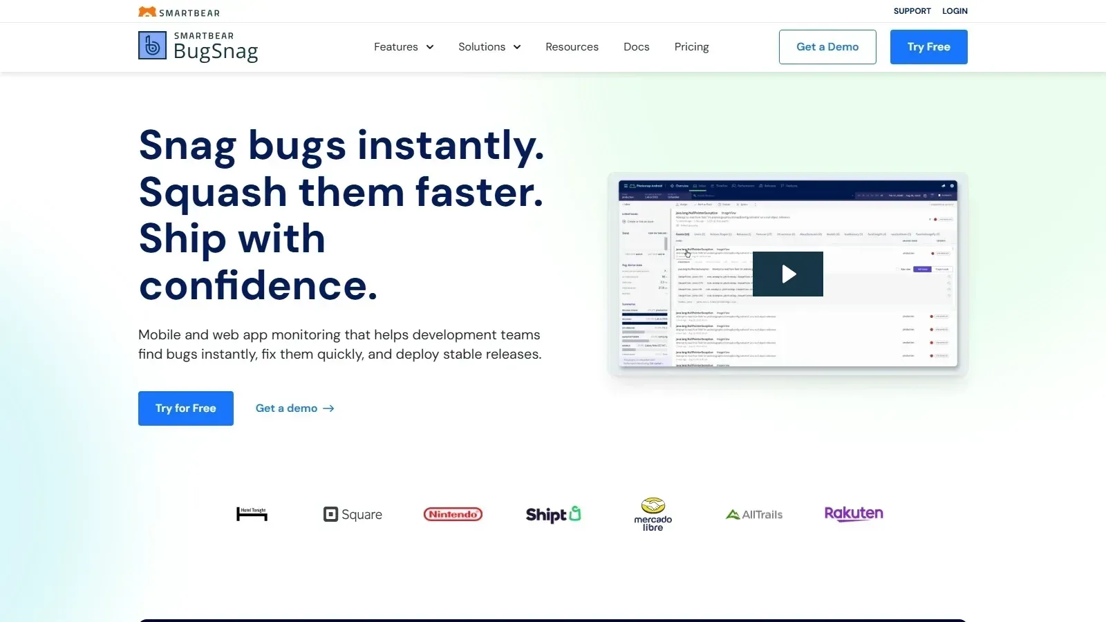 BugSnag homepage screenshot