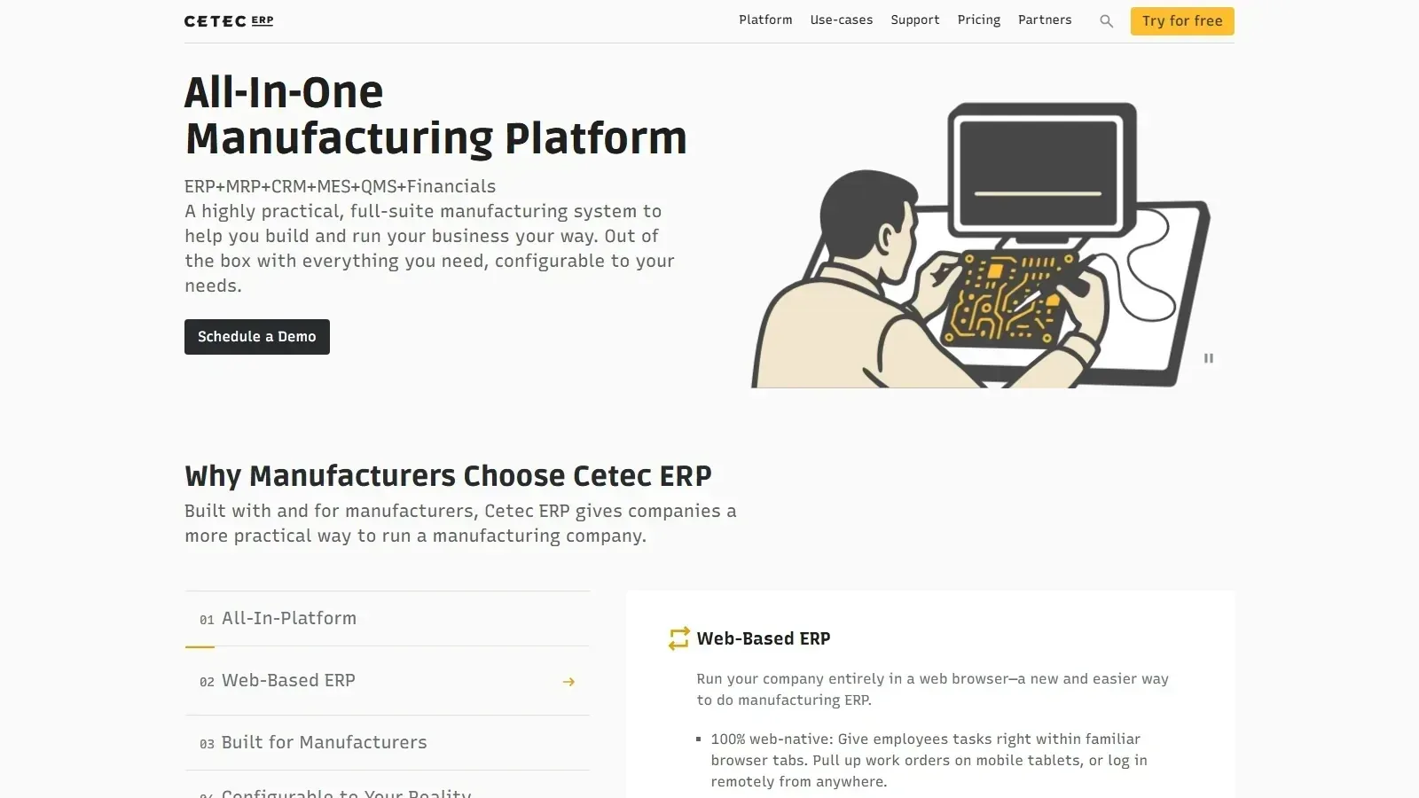Cetec ERP homepage screenshot