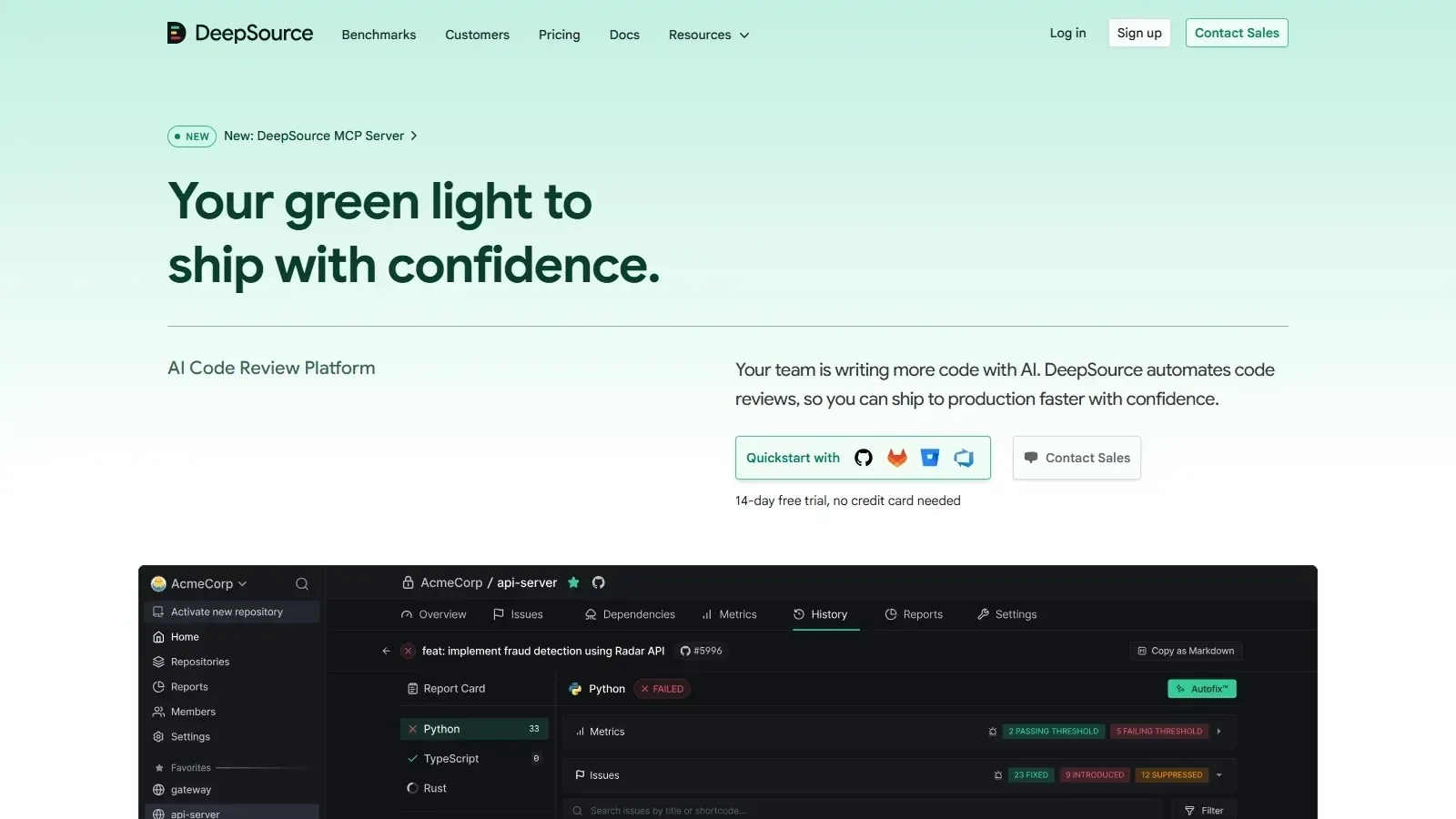 DeepSource homepage screenshot