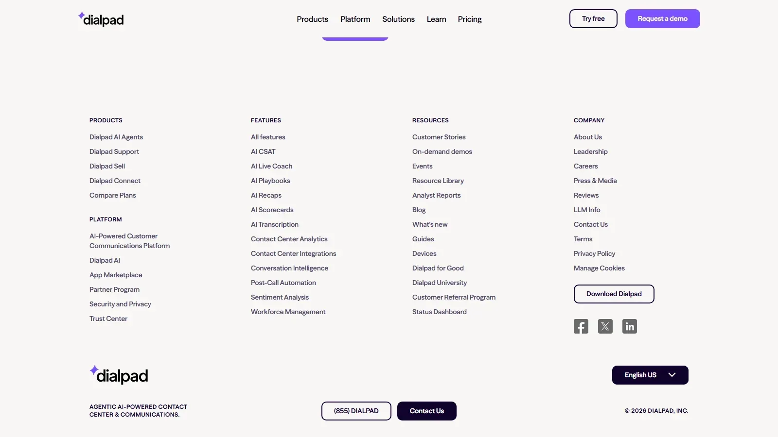 Dialpad Ai Contact Center homepage screenshot