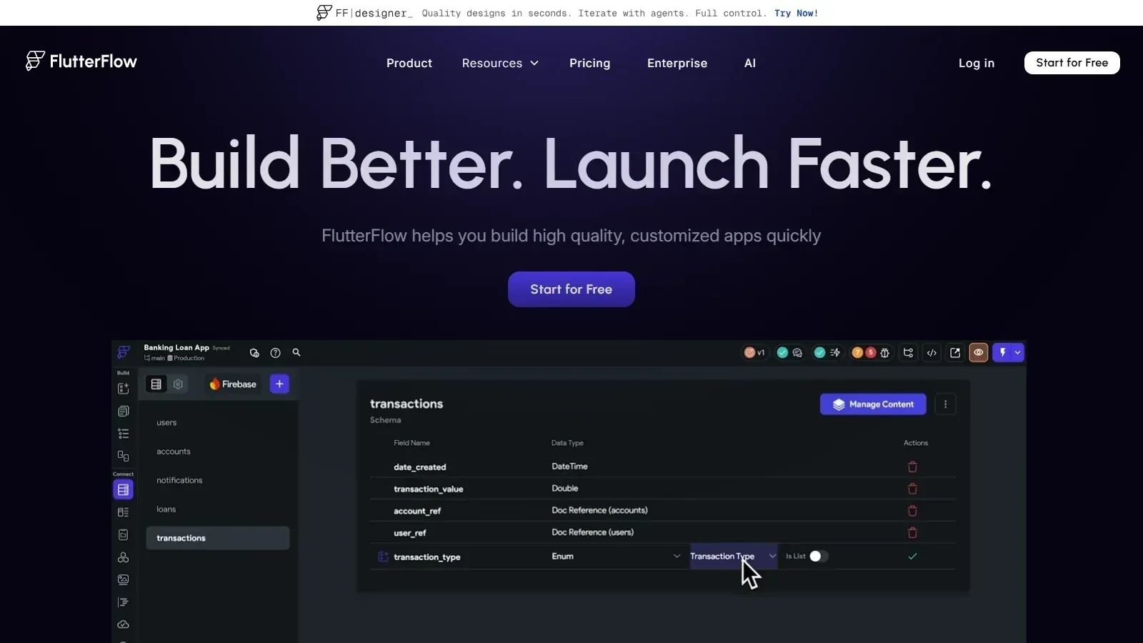 FlutterFlow homepage screenshot