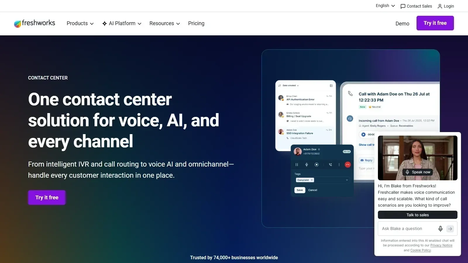 Freshdesk Contact Center homepage screenshot