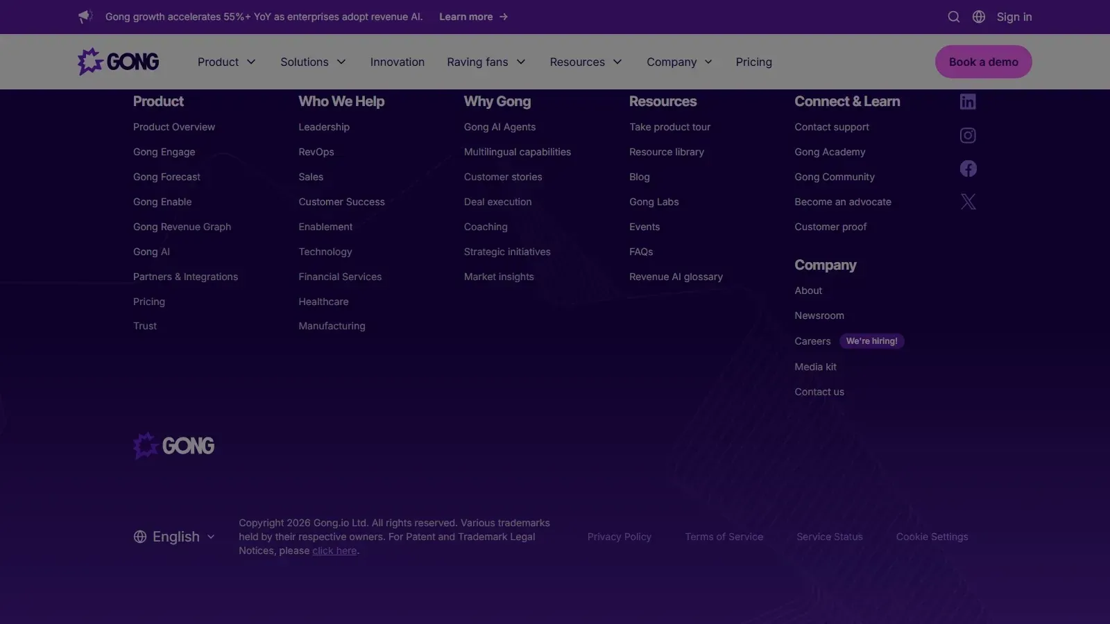 Gong Revenue Intelligence homepage screenshot