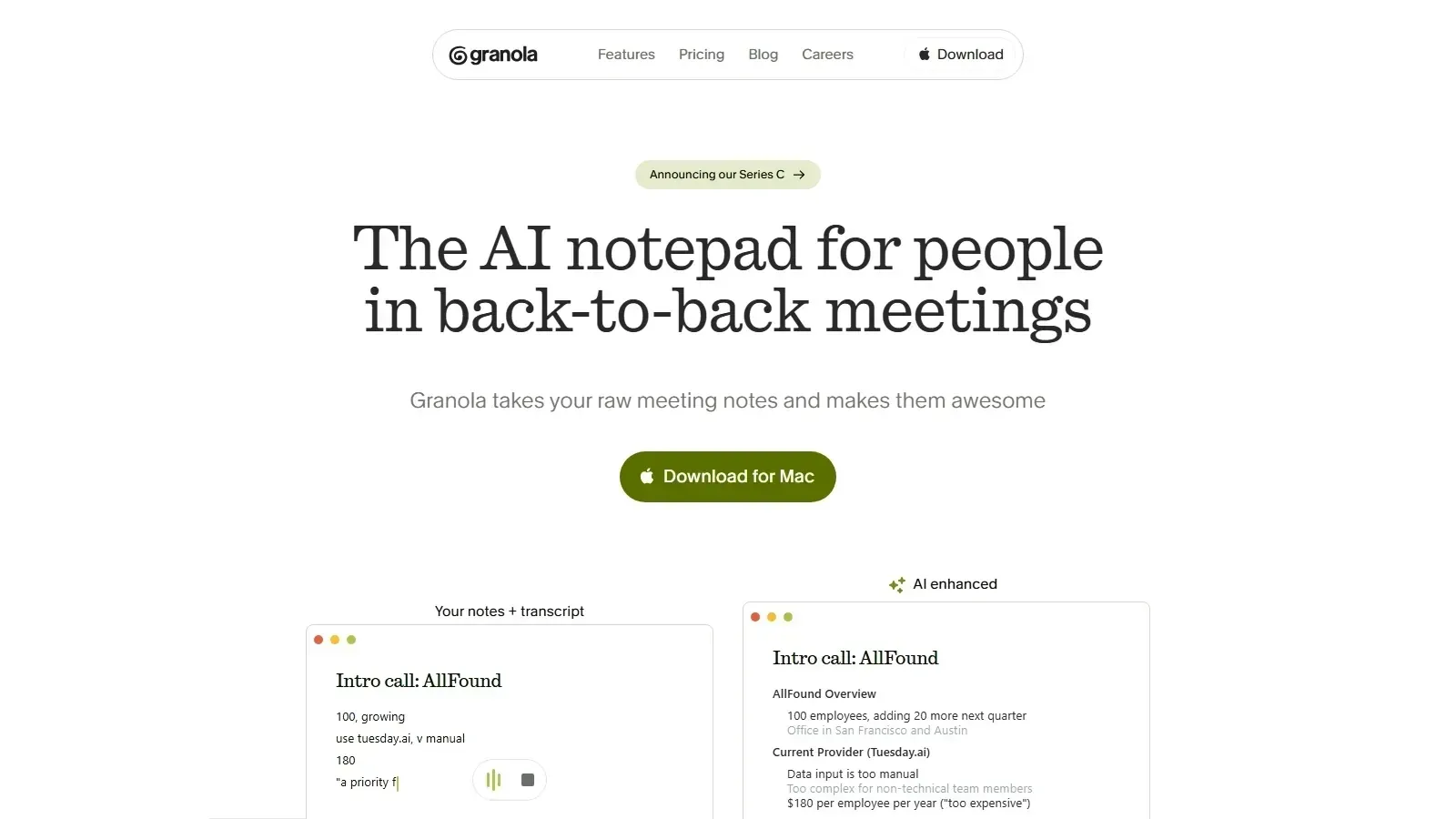 Granola homepage screenshot