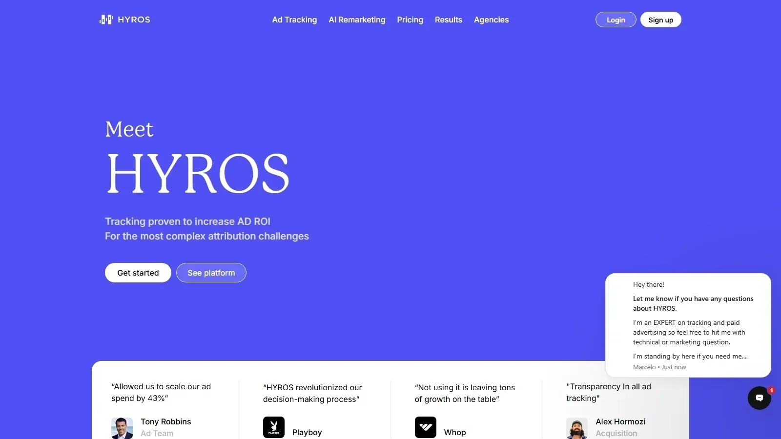 Hyros homepage screenshot
