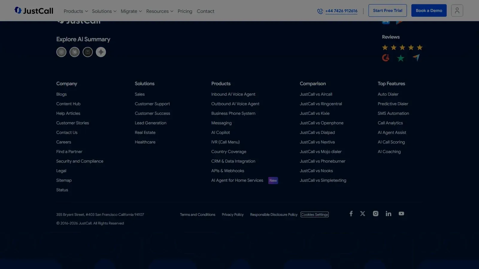 JustCall AI homepage screenshot