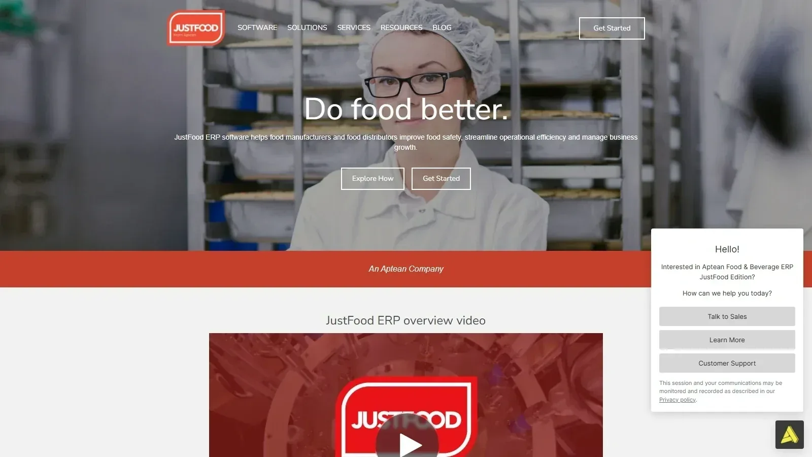 JustFood ERP homepage screenshot