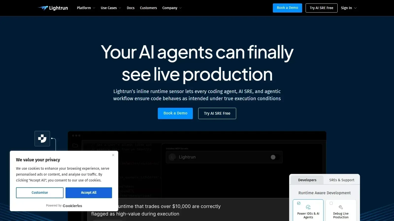 Lightrun homepage screenshot