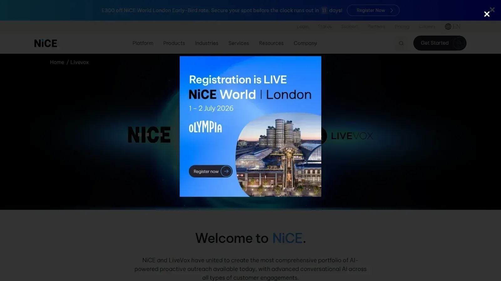 LiveVox by NICE homepage screenshot