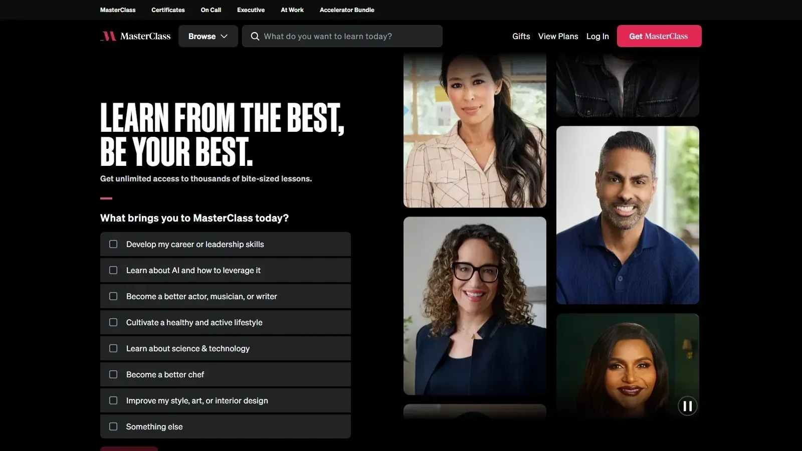 MasterClass homepage screenshot