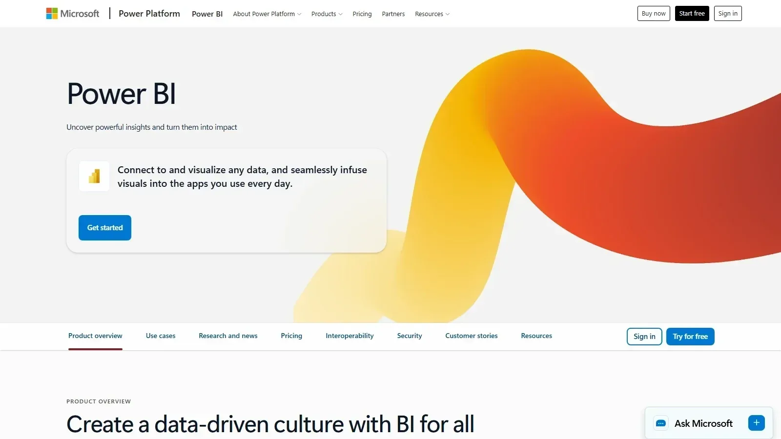 Microsoft Power BI homepage screenshot