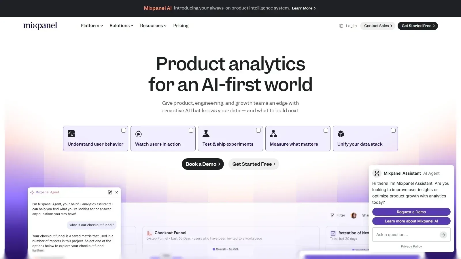 Mixpanel homepage screenshot