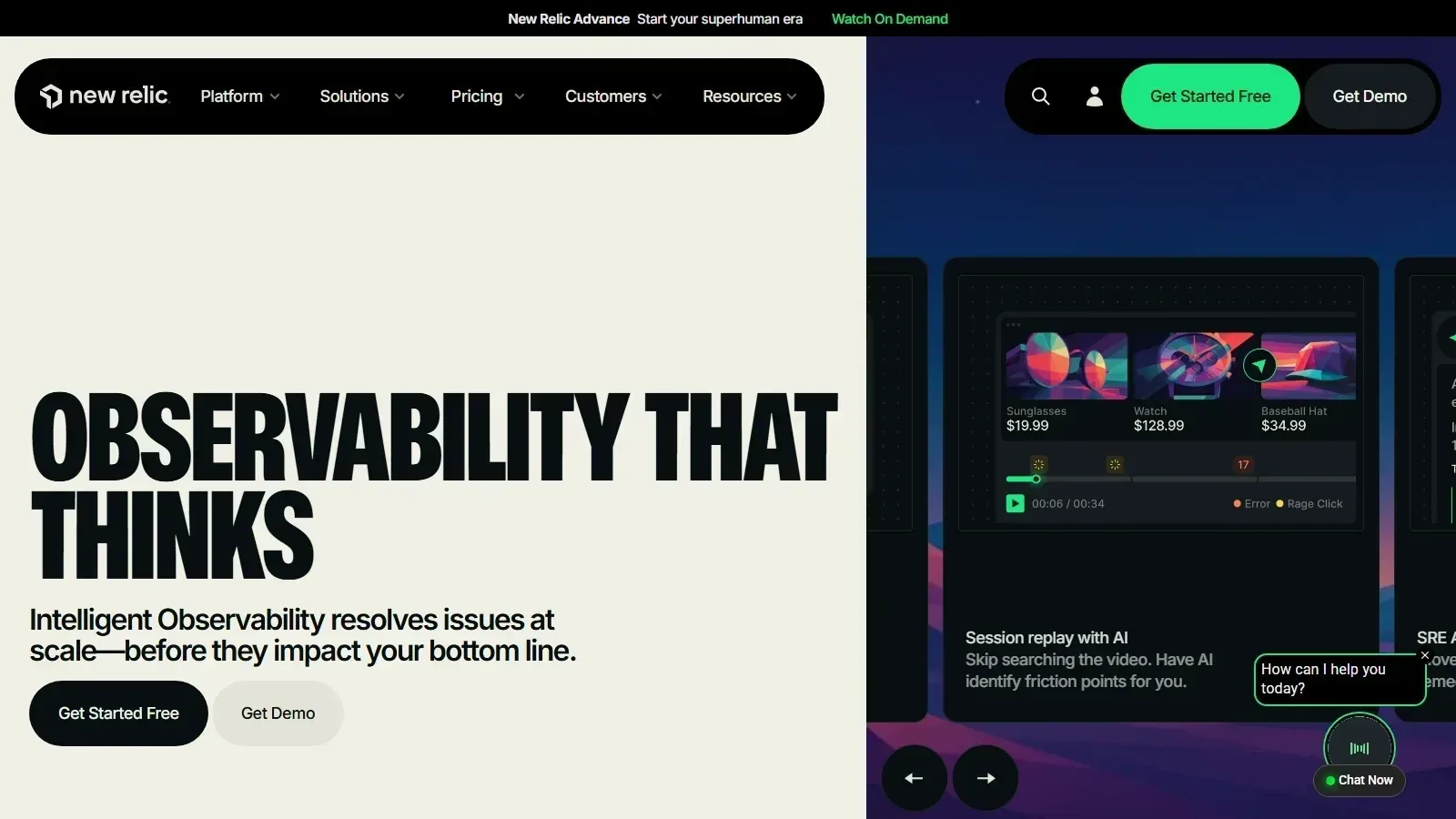 New Relic homepage screenshot