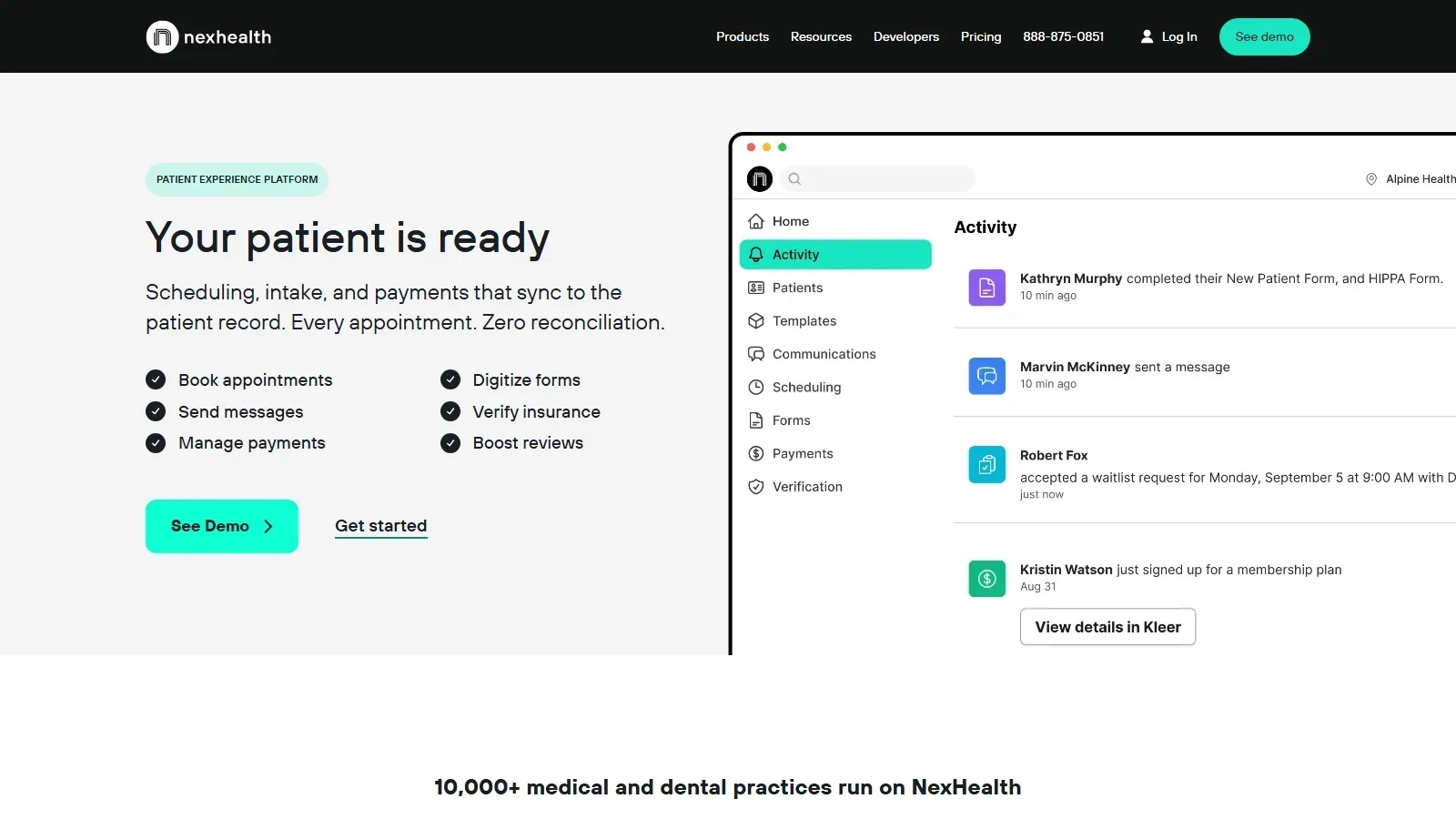 NexHealth homepage screenshot