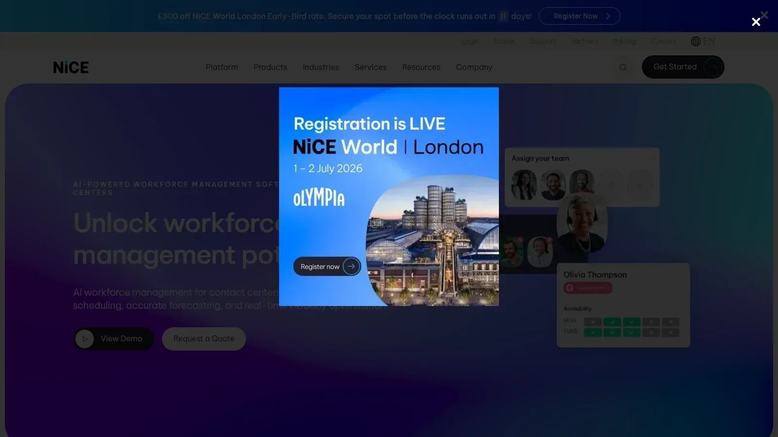 NICE Workforce Management homepage screenshot
