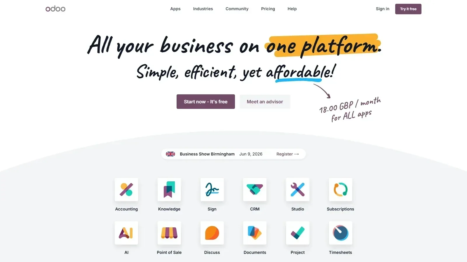 Odoo homepage screenshot