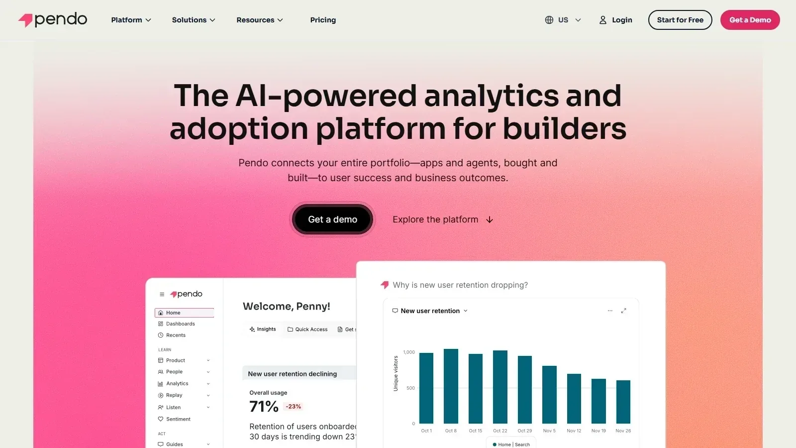 Pendo homepage screenshot