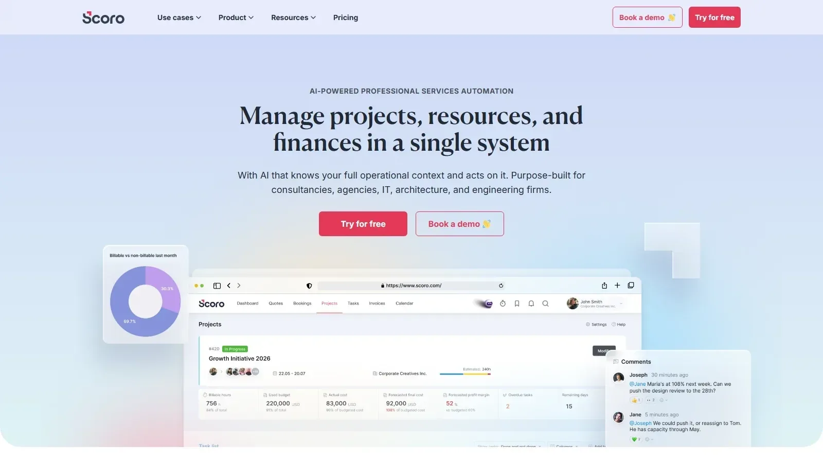 Scoro homepage screenshot