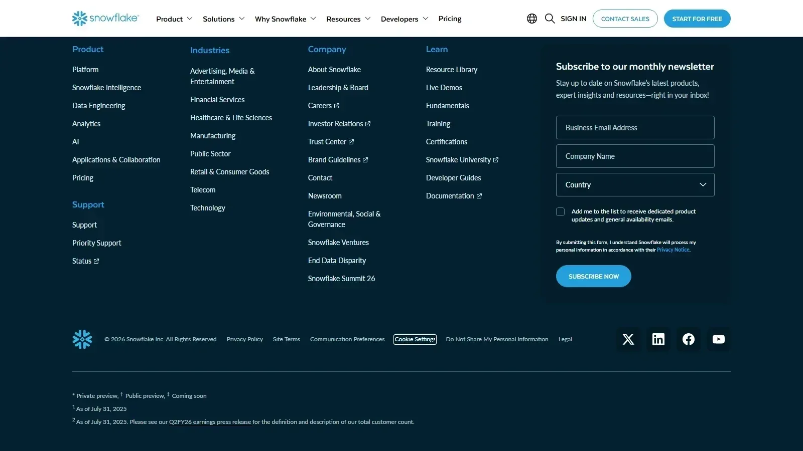 Snowflake homepage screenshot