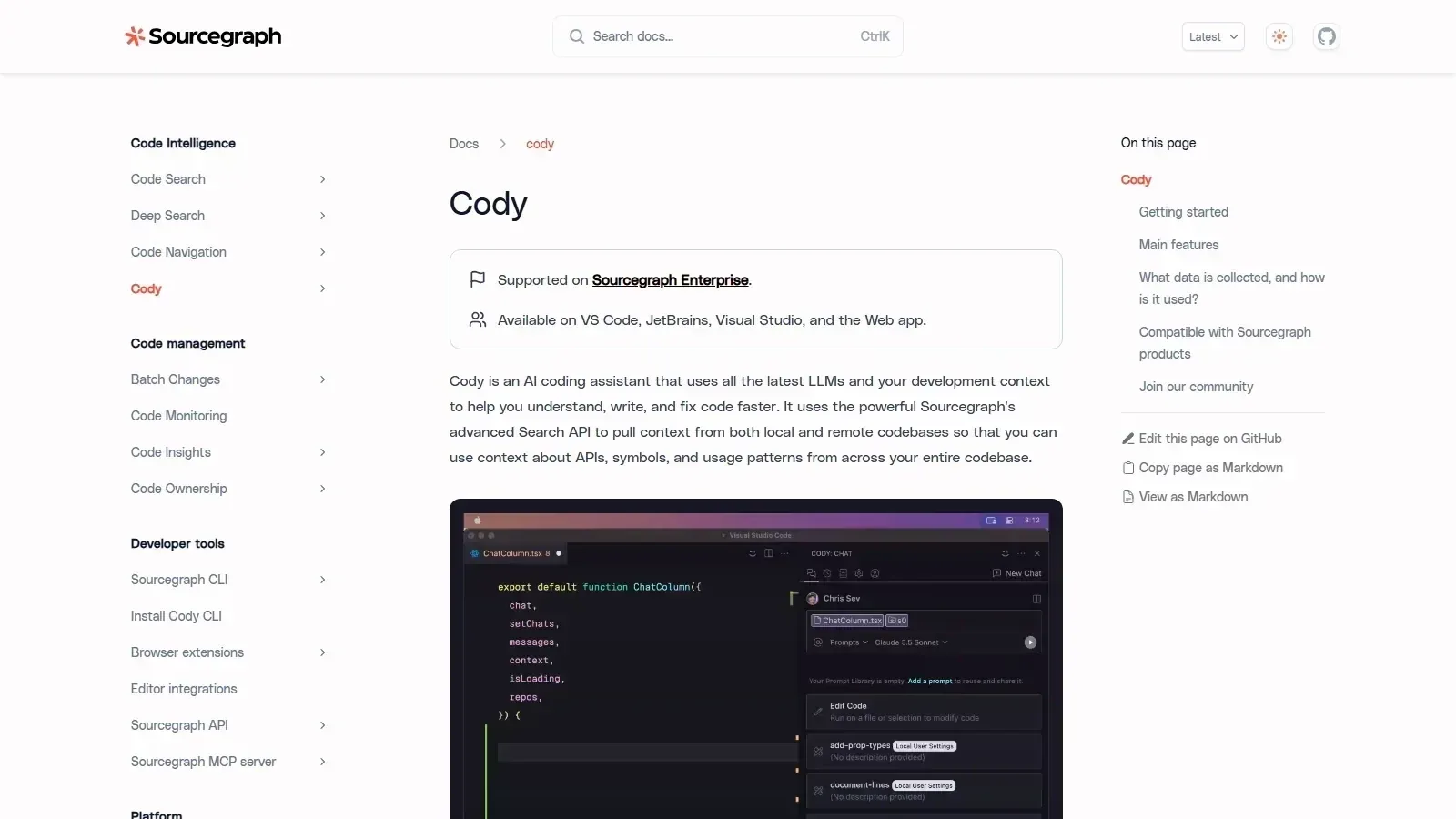 Sourcegraph Cody homepage screenshot