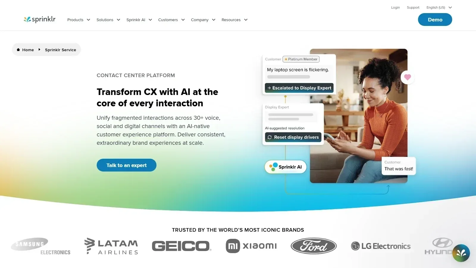 Sprinklr Service homepage screenshot