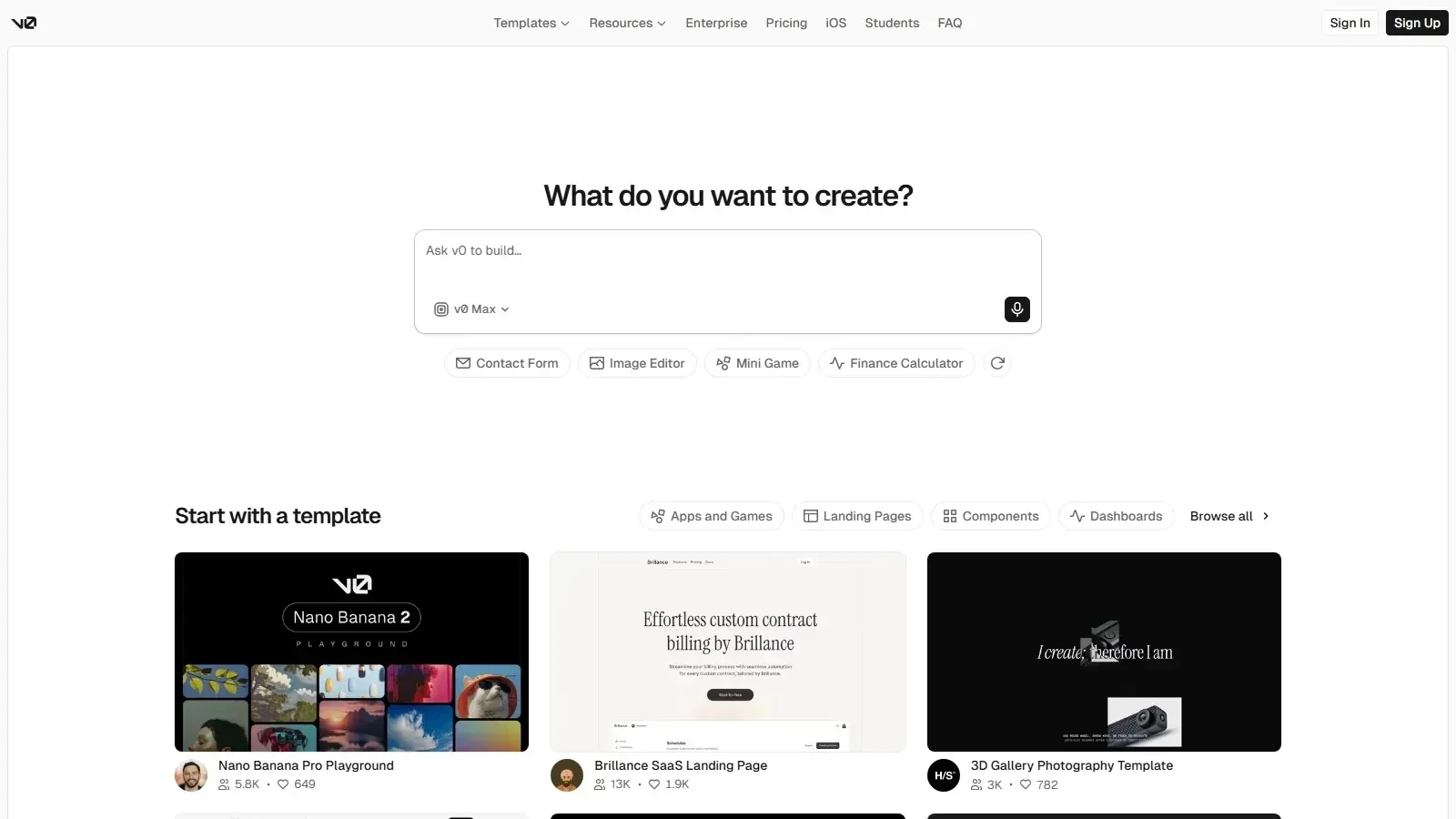 v0 homepage screenshot