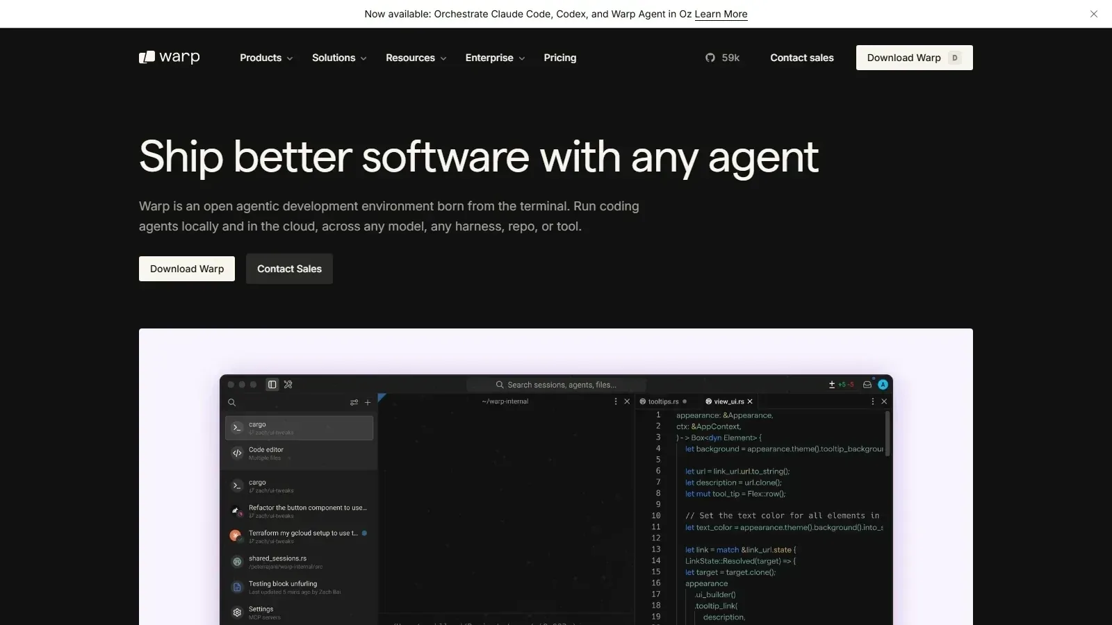 Warp homepage screenshot
