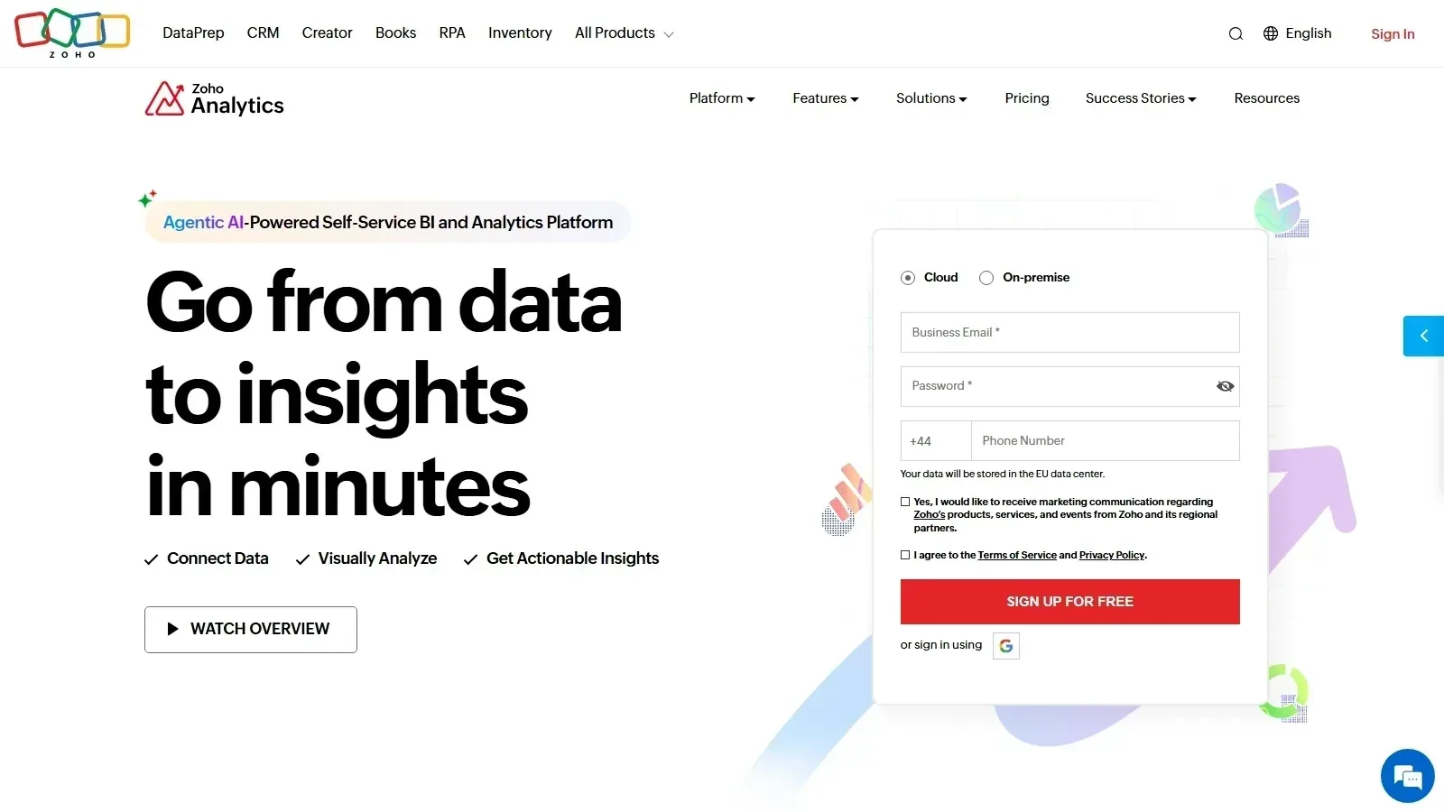 Zoho Analytics homepage screenshot